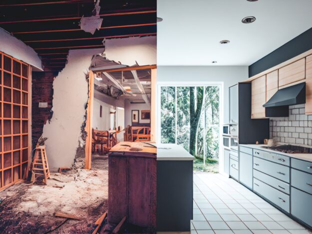 Before And After Of Modern Kitchen Apartment Room In Renovated House. AI generated